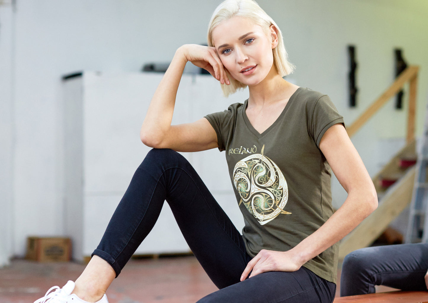 Khaki Celtic Knot V-neck Ladies T-shirt