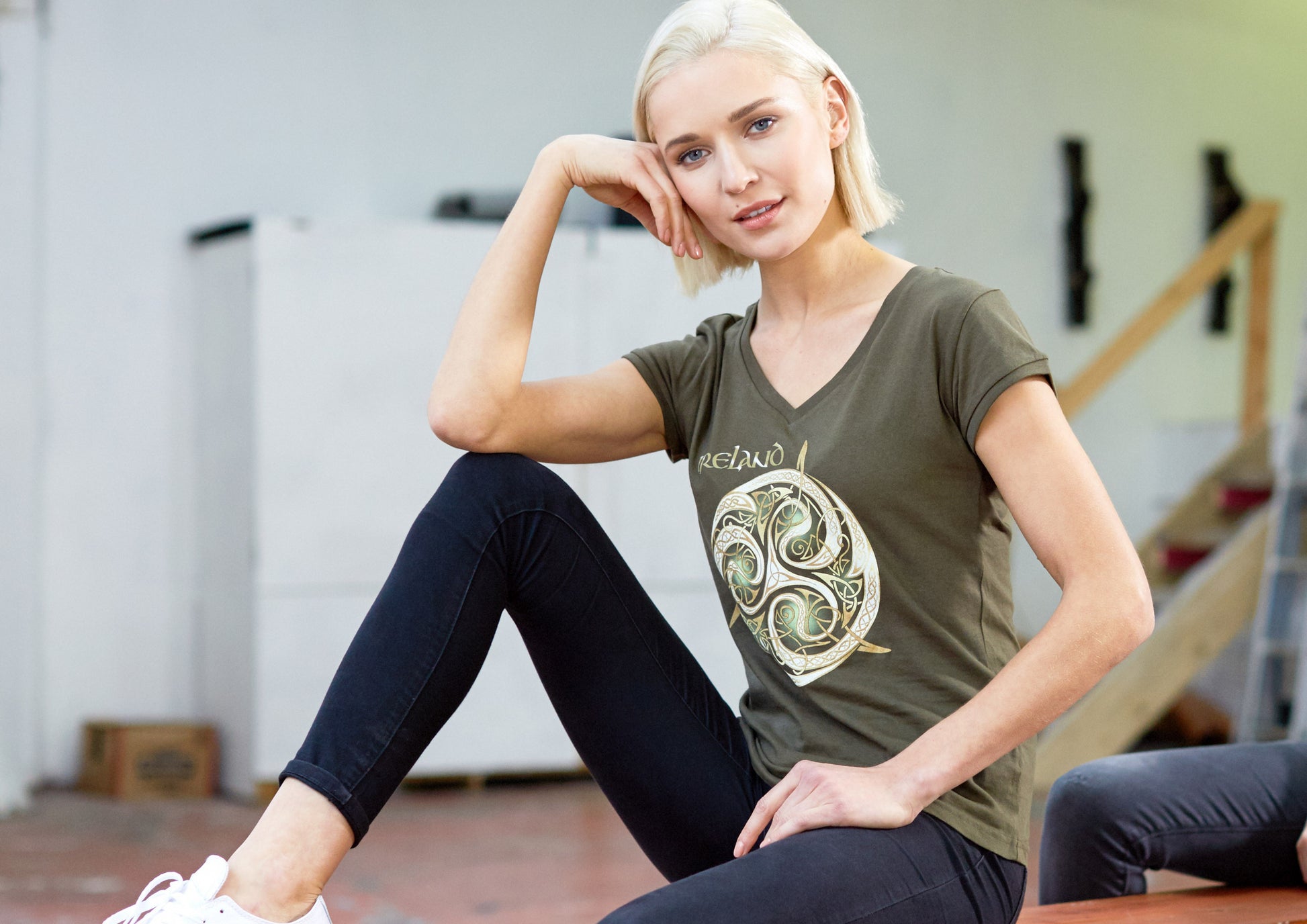Khaki Celtic Knot V-neck Ladies T-shirt