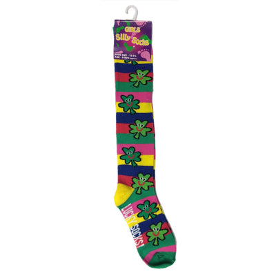 Multi Stripe Knee High Socks With Shamrocks