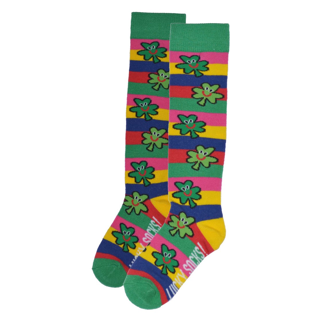 Multi Stripe Knee High Socks With Shamrocks