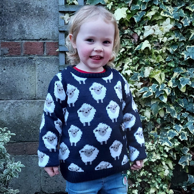 Sheep All Over Print Kids Knit Jumper in Navy