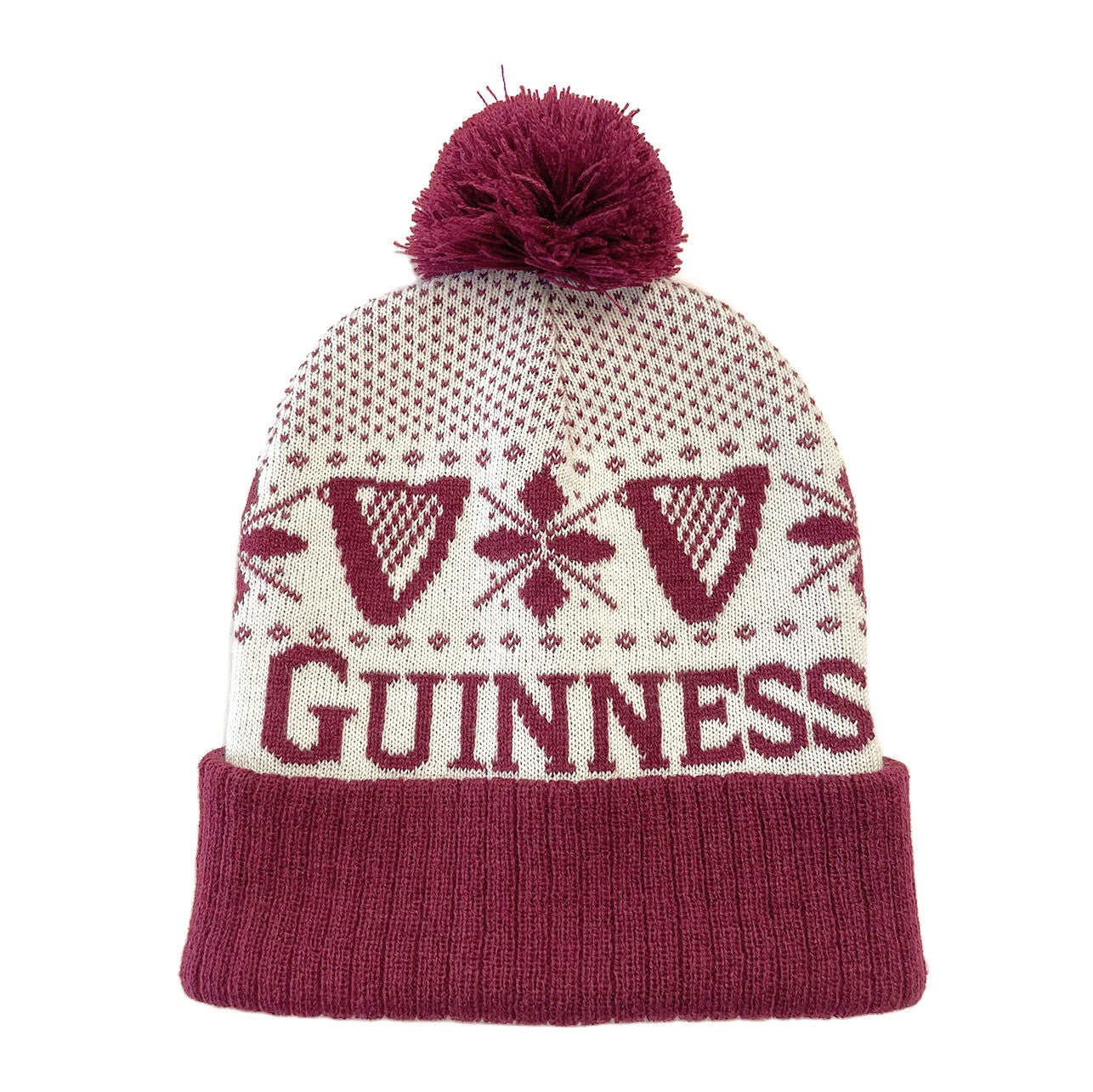 Guinness Festive Harp Knit Bobble Hat in Cream & Burgundy