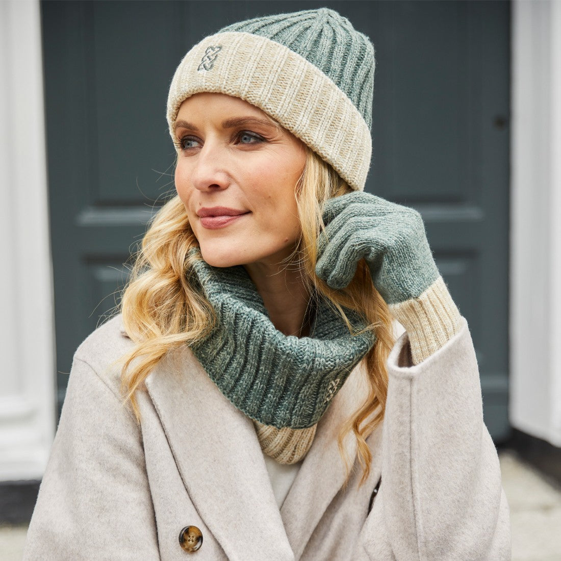 Melange Rib Knit Hat in Green & Cream