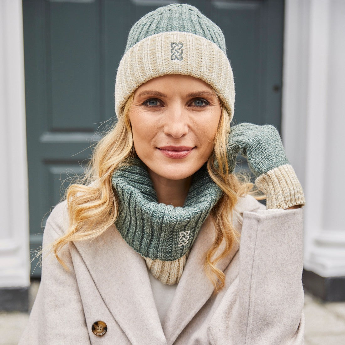 Melange Rib Knit Hat in Green & Cream