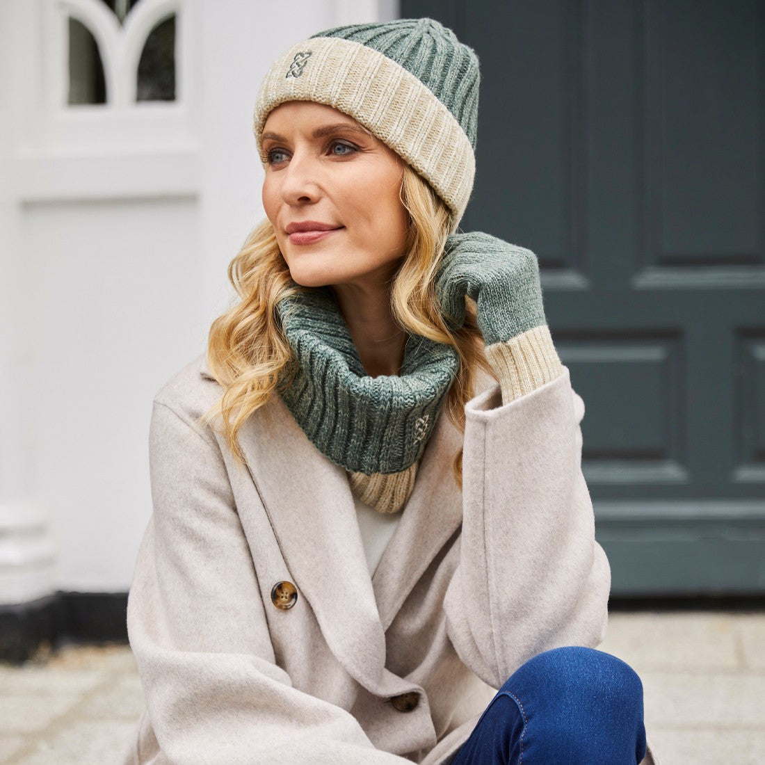 Melange Rib Knit Hat in Green & Cream