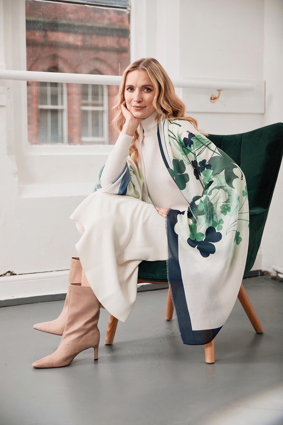 Shamrock Fashion Scarf in Cream, Green & Navy