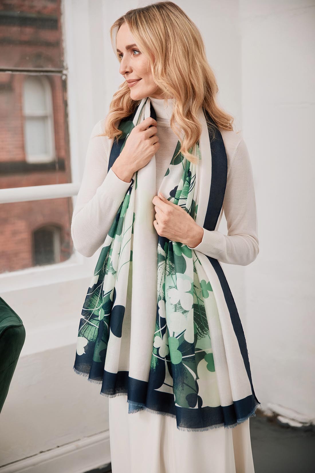 Shamrock Fashion Scarf in Cream, Green & Navy