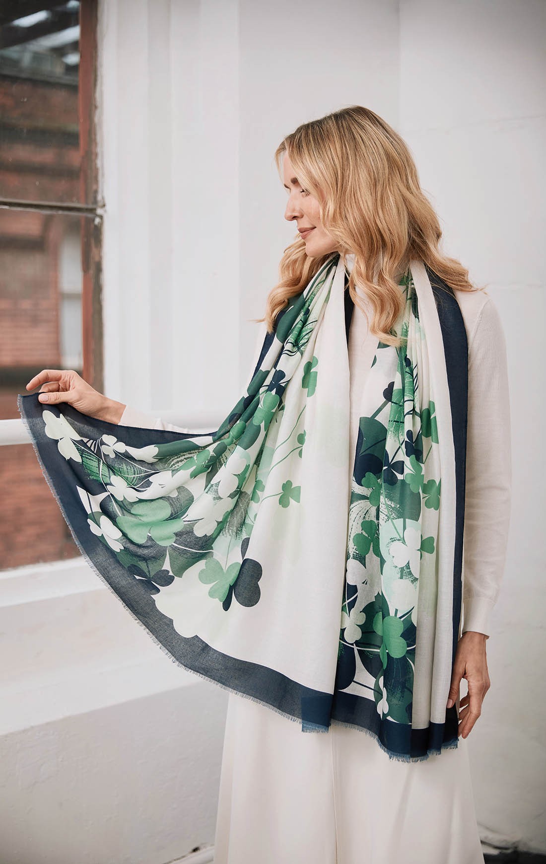 Shamrock Fashion Scarf in Cream, Green & Navy