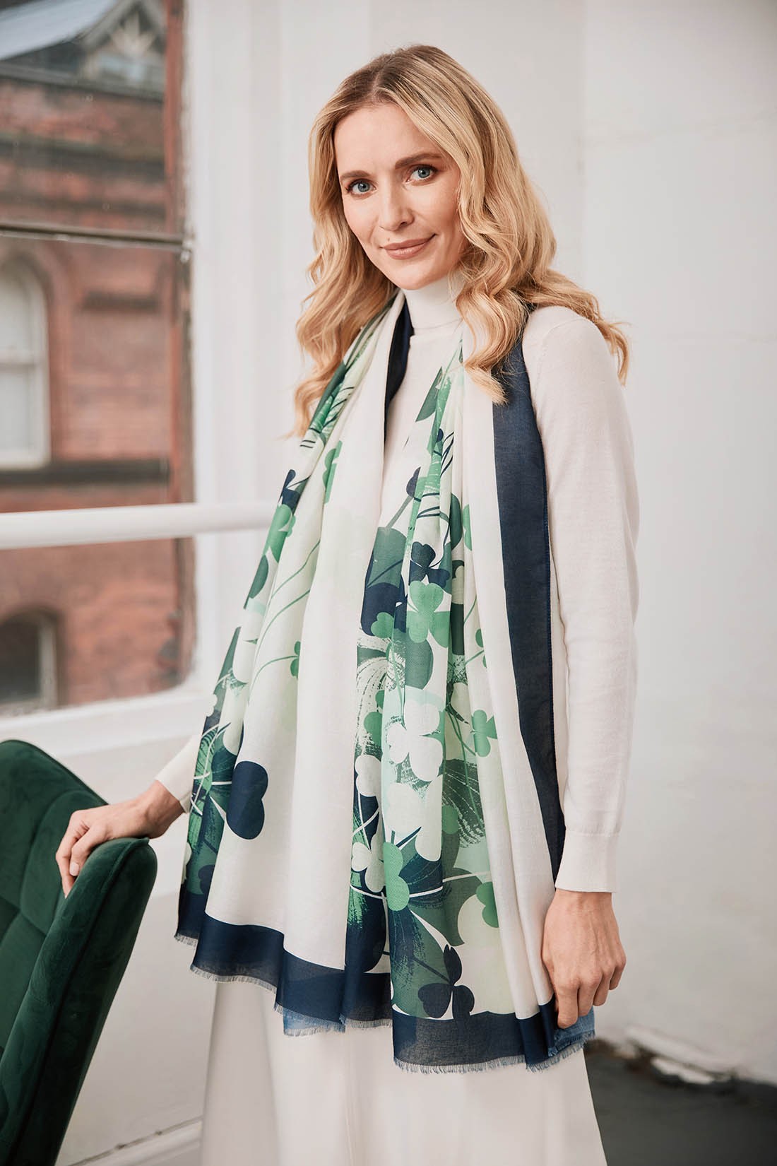 Shamrock Fashion Scarf in Cream, Green & Navy