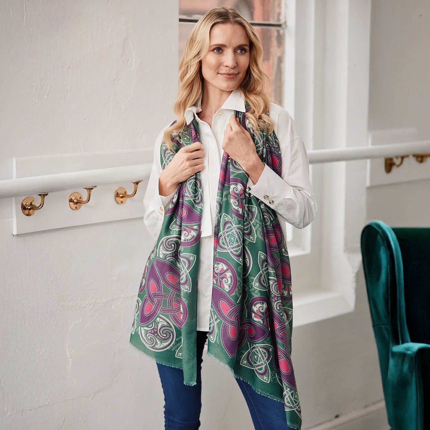 Celtic Knot Fashion Scarf in Bottle Green & Purple