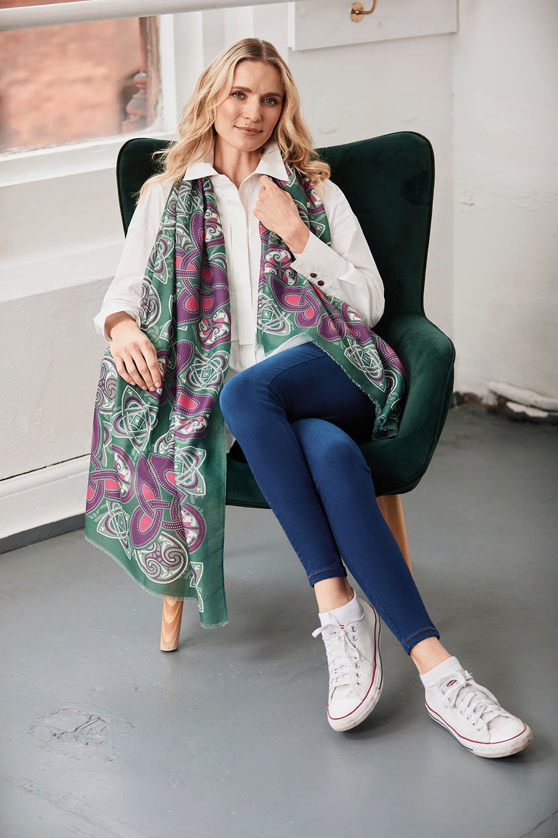 Celtic Knot Fashion Scarf in Bottle Green & Purple