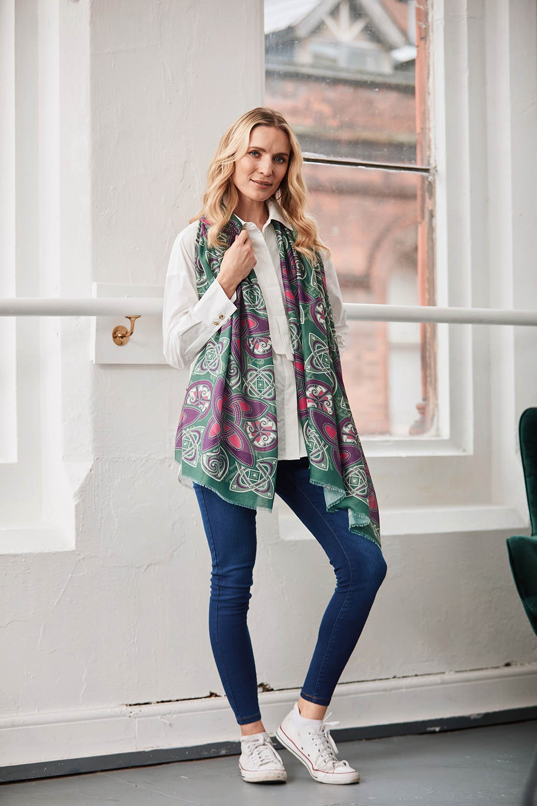 Celtic Knot Fashion Scarf in Bottle Green & Purple