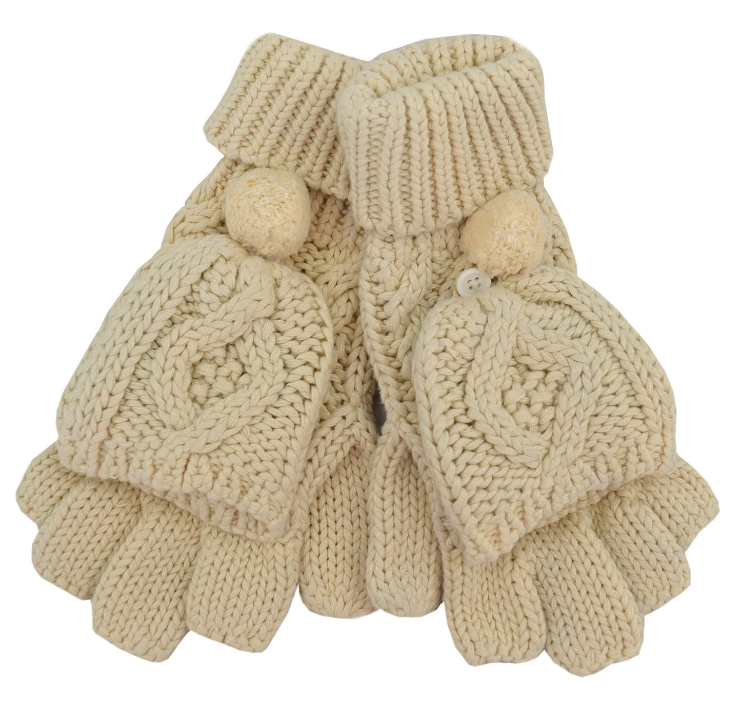 Patrick Francis Ireland Cream Aran Knit Pom Pom Mittens