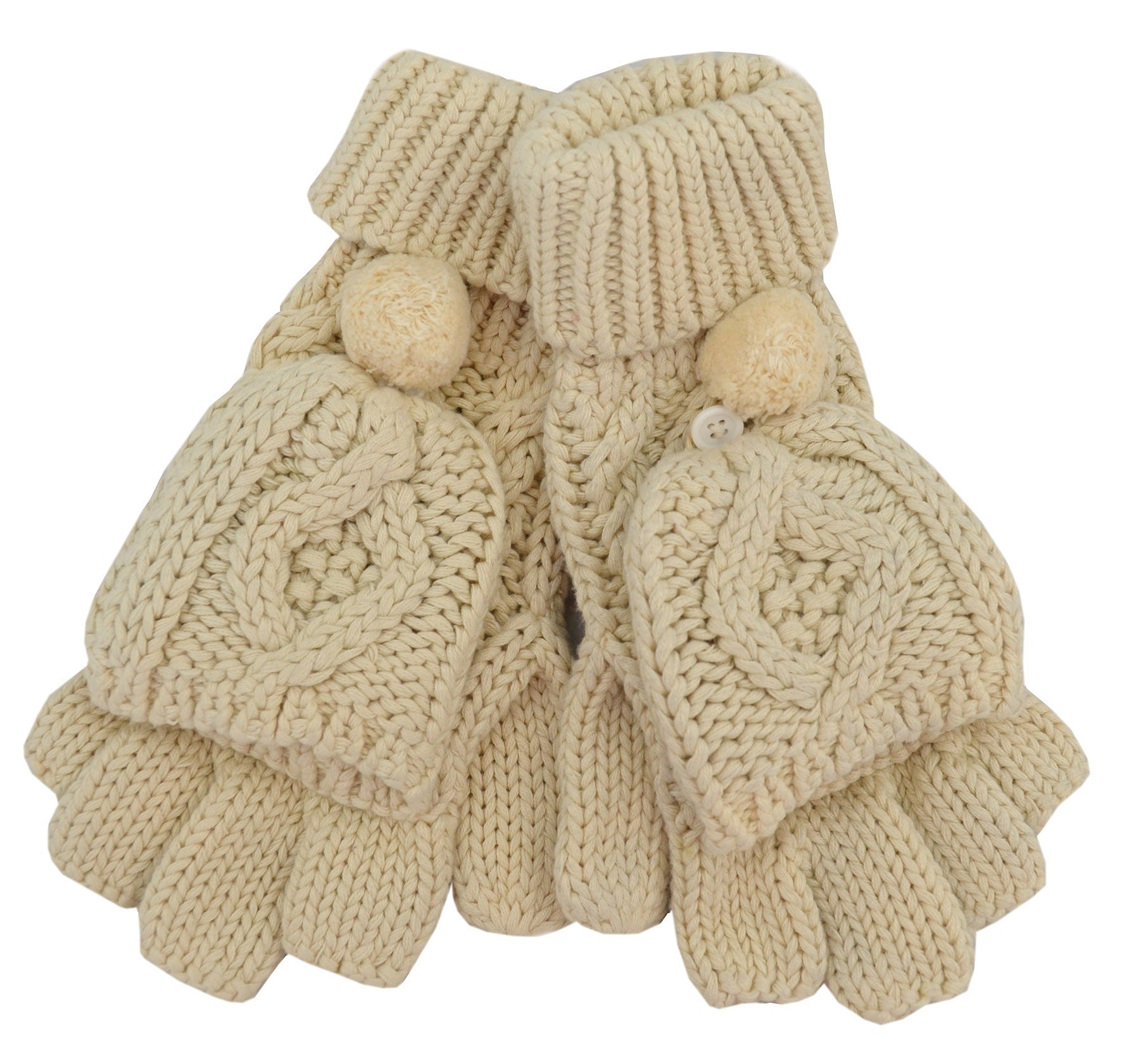 Patrick Francis Ireland Cream Aran Knit Pom Pom Mittens