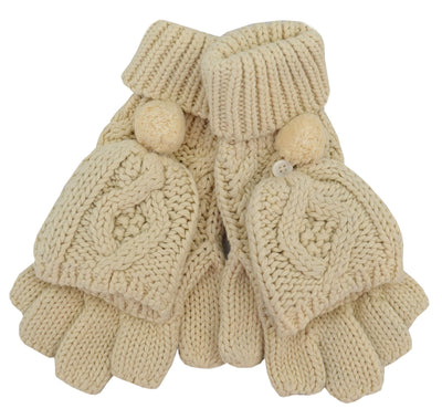 Patrick Francis Ireland Cream Aran Knit Pom Pom Mittens