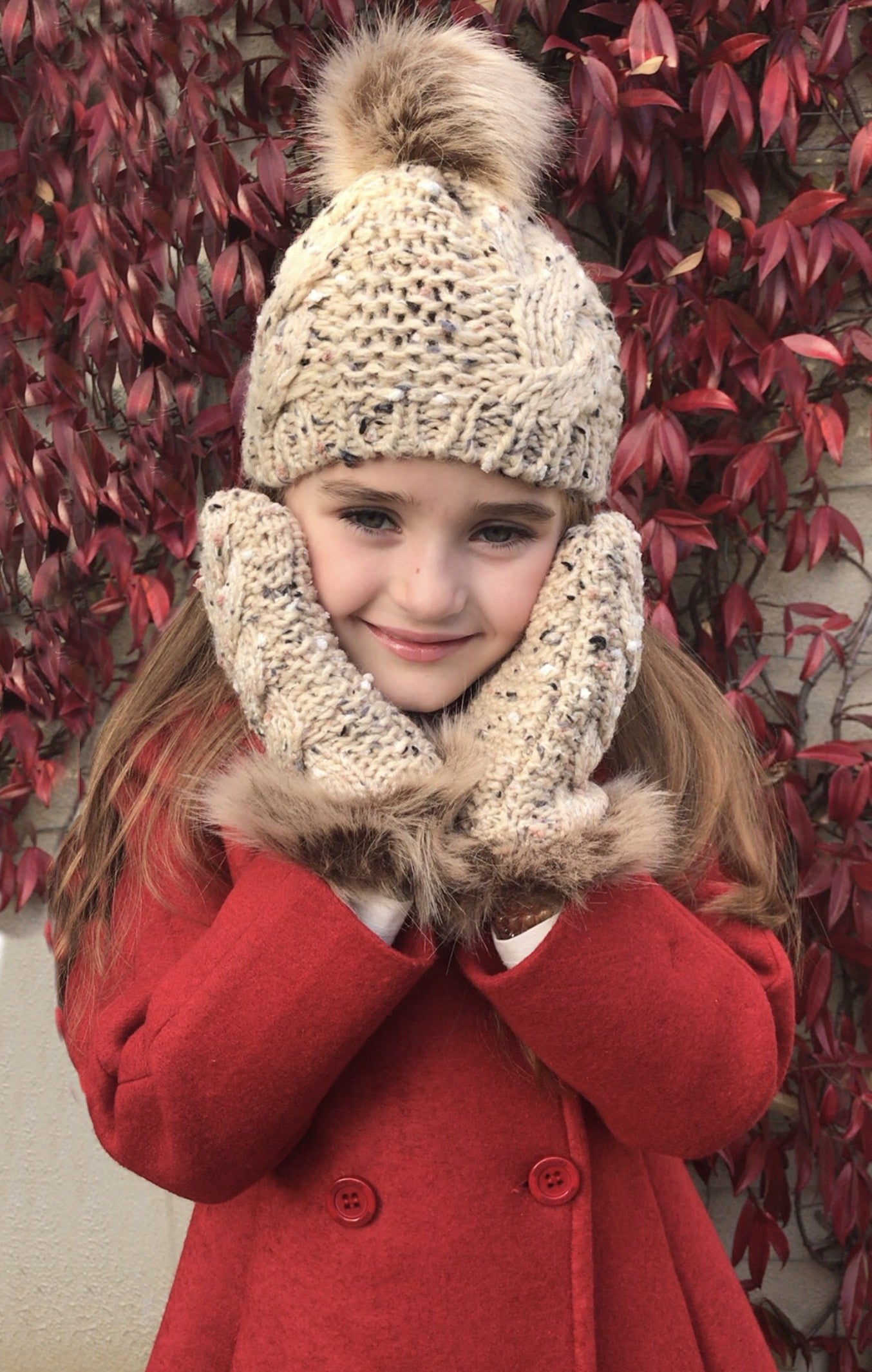Patrick Francis Kids Oatmeal Speckled Wool Faux Fur Mittens