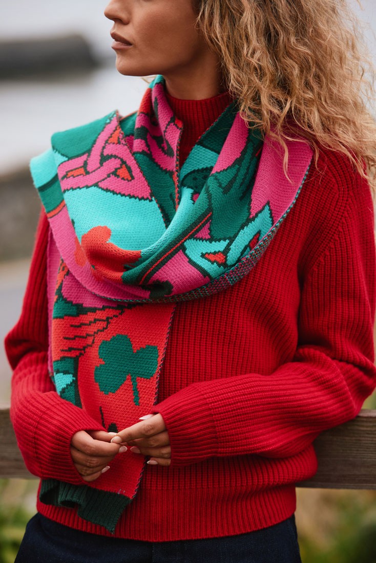 Claddagh Knit Scarf in Pink, Green & Red