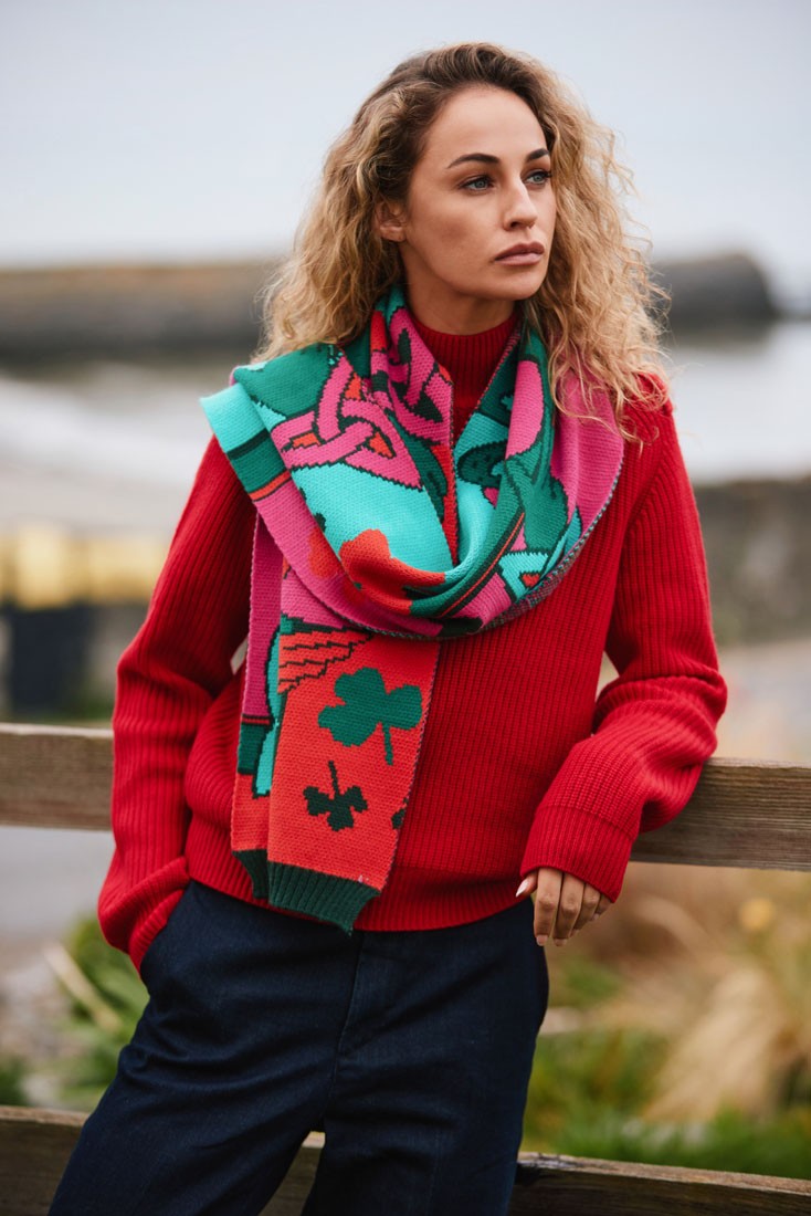 Claddagh Knit Scarf in Pink, Green & Red