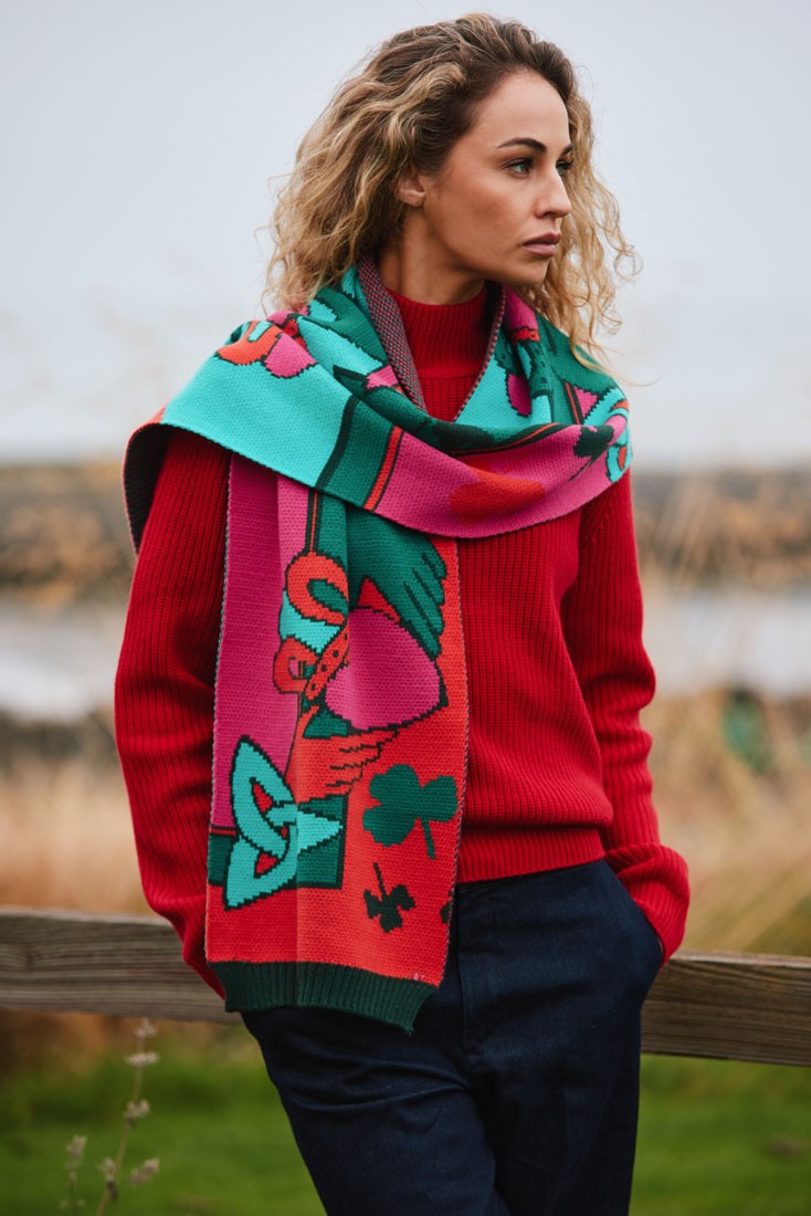 Claddagh Knit Scarf in Pink, Green & Red
