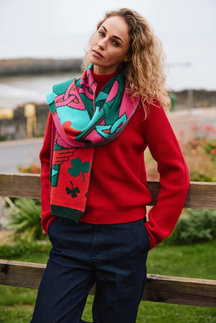 Claddagh Knit Scarf in Pink, Green & Red
