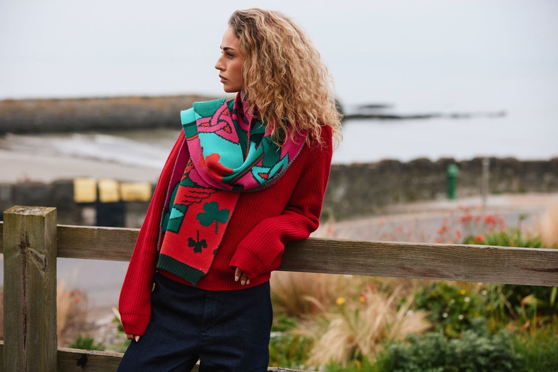 Claddagh Knit Scarf in Pink, Green & Red
