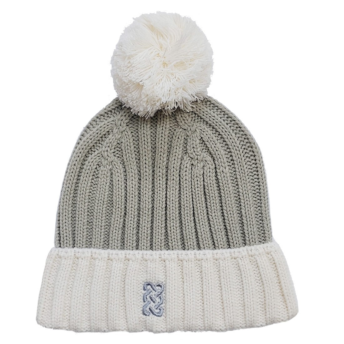 Rib Knit Bobble Hat in Taupe & Cream