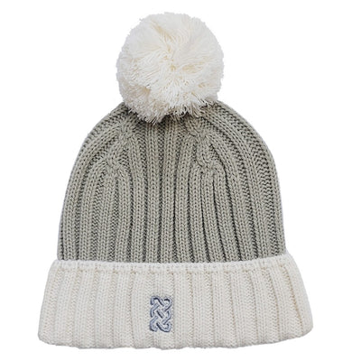 Rib Knit Bobble Hat in Taupe & Cream