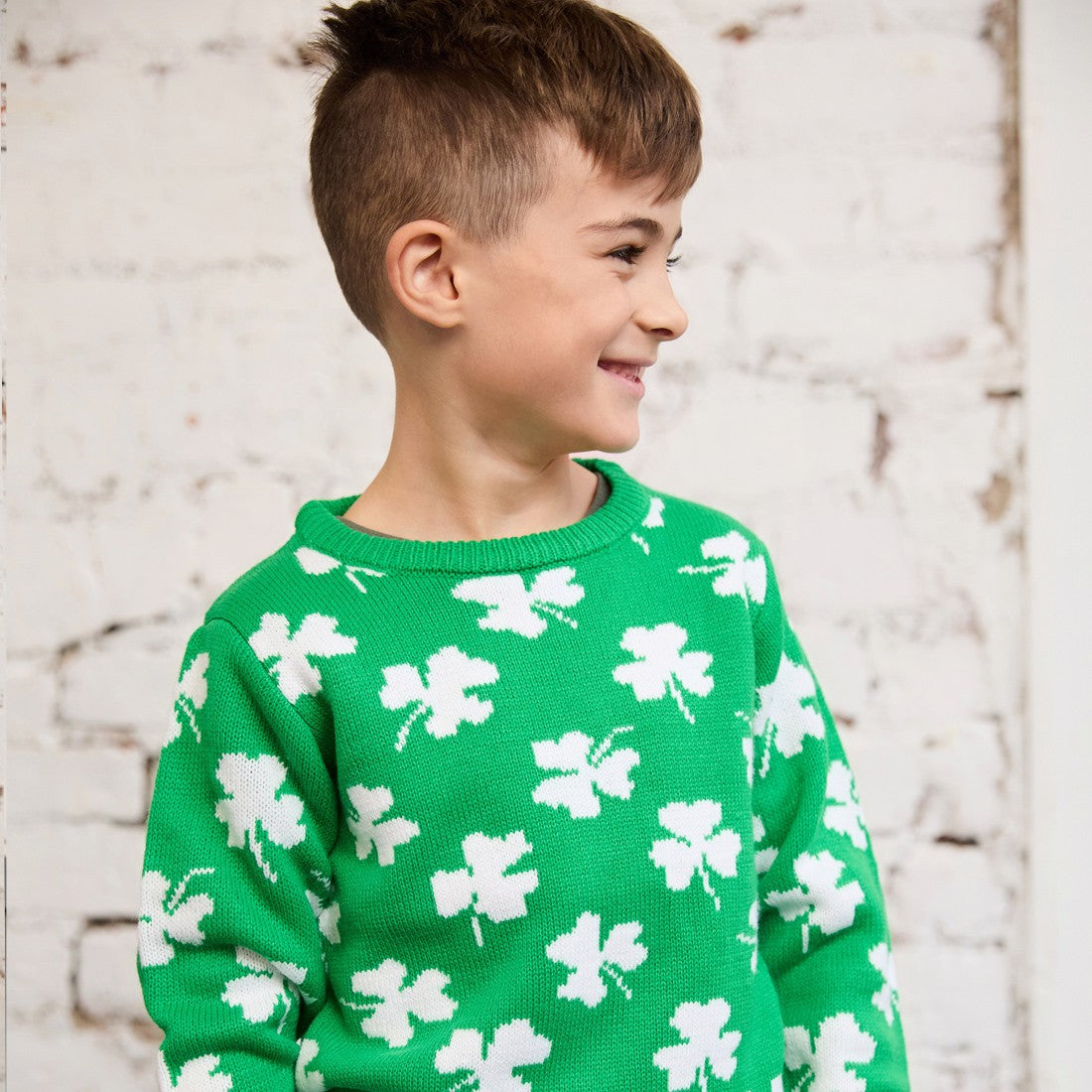 Shamrock All Over Knit Kids Jumper in Green & Cream