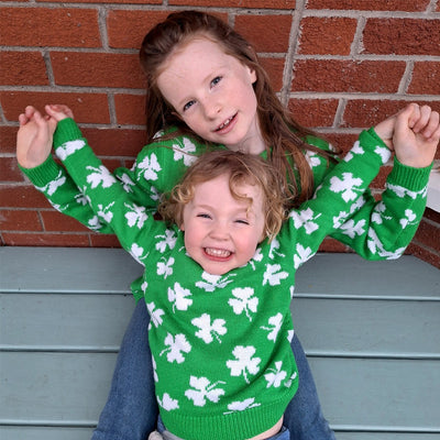 Shamrock All Over Knit Kids Jumper in Green & Cream