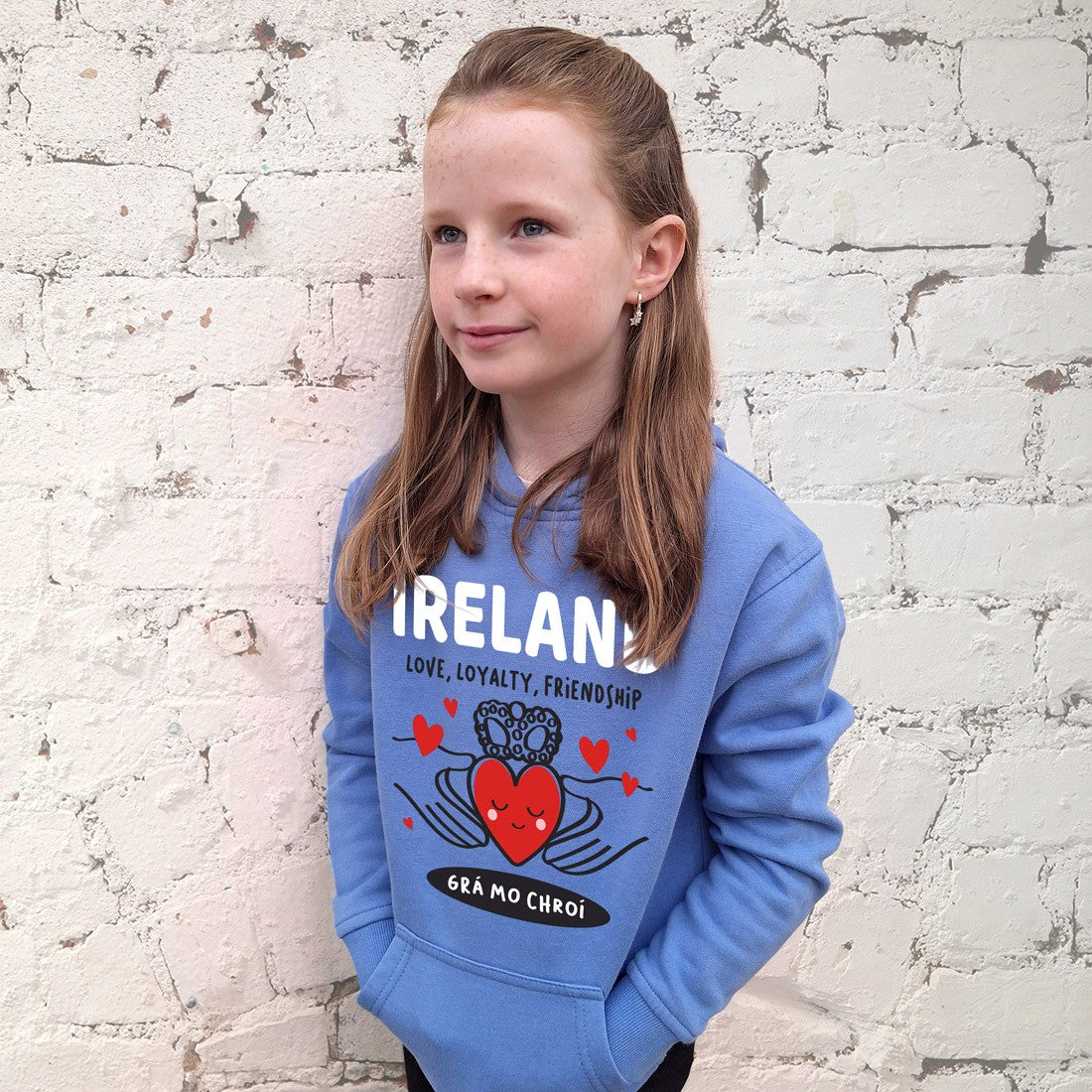 Ireland ‘Grá Mo Chroí’ Kids Hoodie in Corn Blue