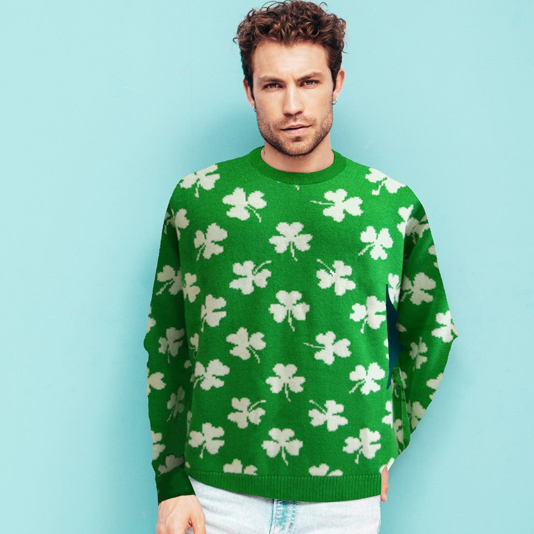 Shamrock Print Knit Adults Jumpger in Green & Cream