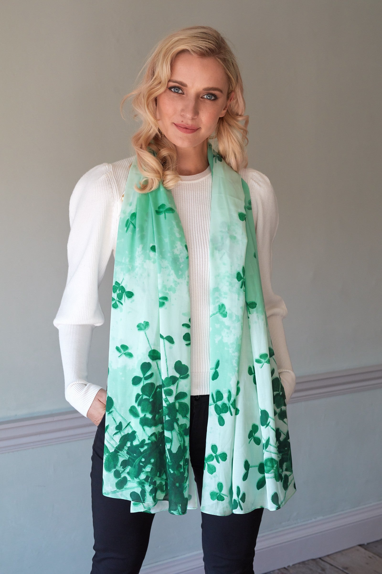 Shamrock Sprig Fashion Scarf in Green & White