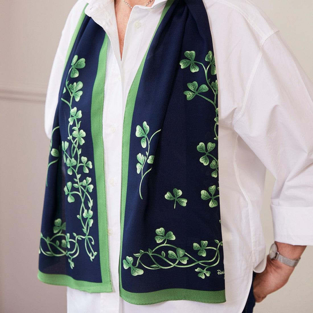 Shamrock Sprig Silk Scarf in Navy & Green