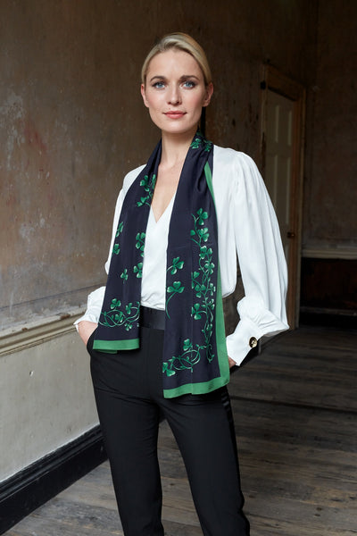 Shamrock Sprig Silk Scarf in Navy & Green