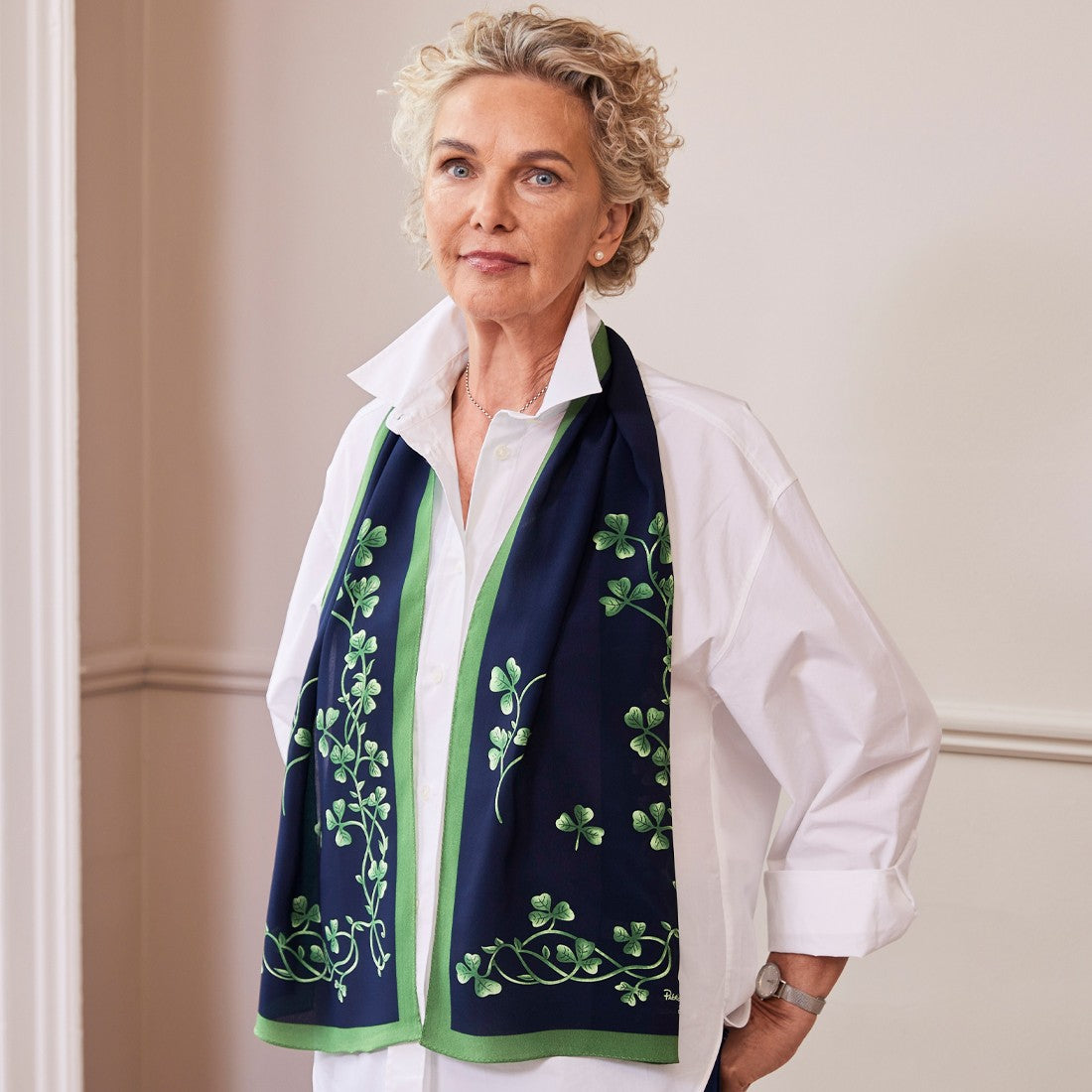 Shamrock Sprig Silk Scarf in Navy & Green