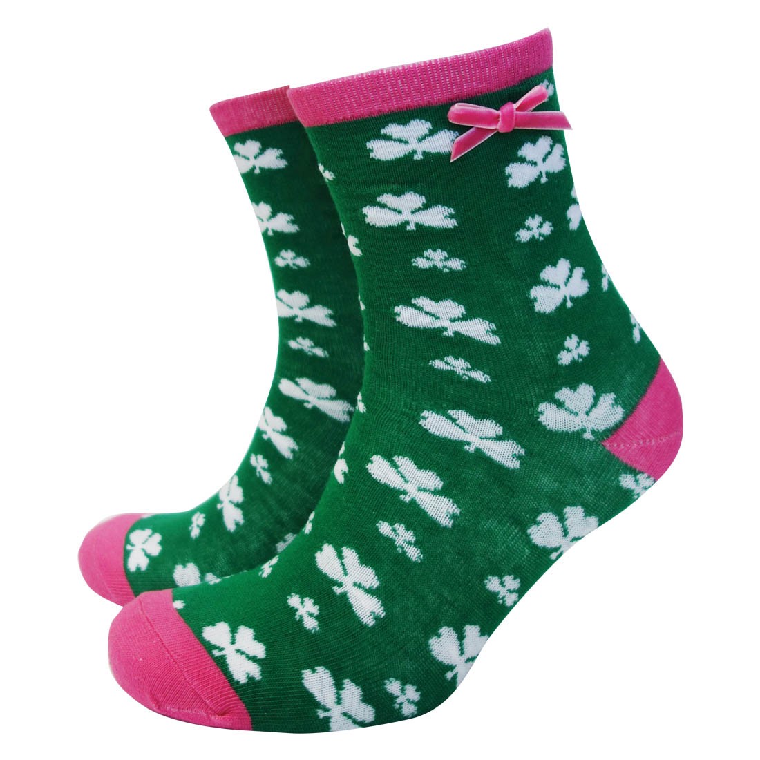 Traditional Craft Green/ Pink Bow Shamrock Ladies Ankle Socks