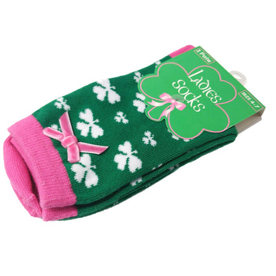 Traditional Craft Green/ Pink Bow Shamrock Ladies Ankle Socks