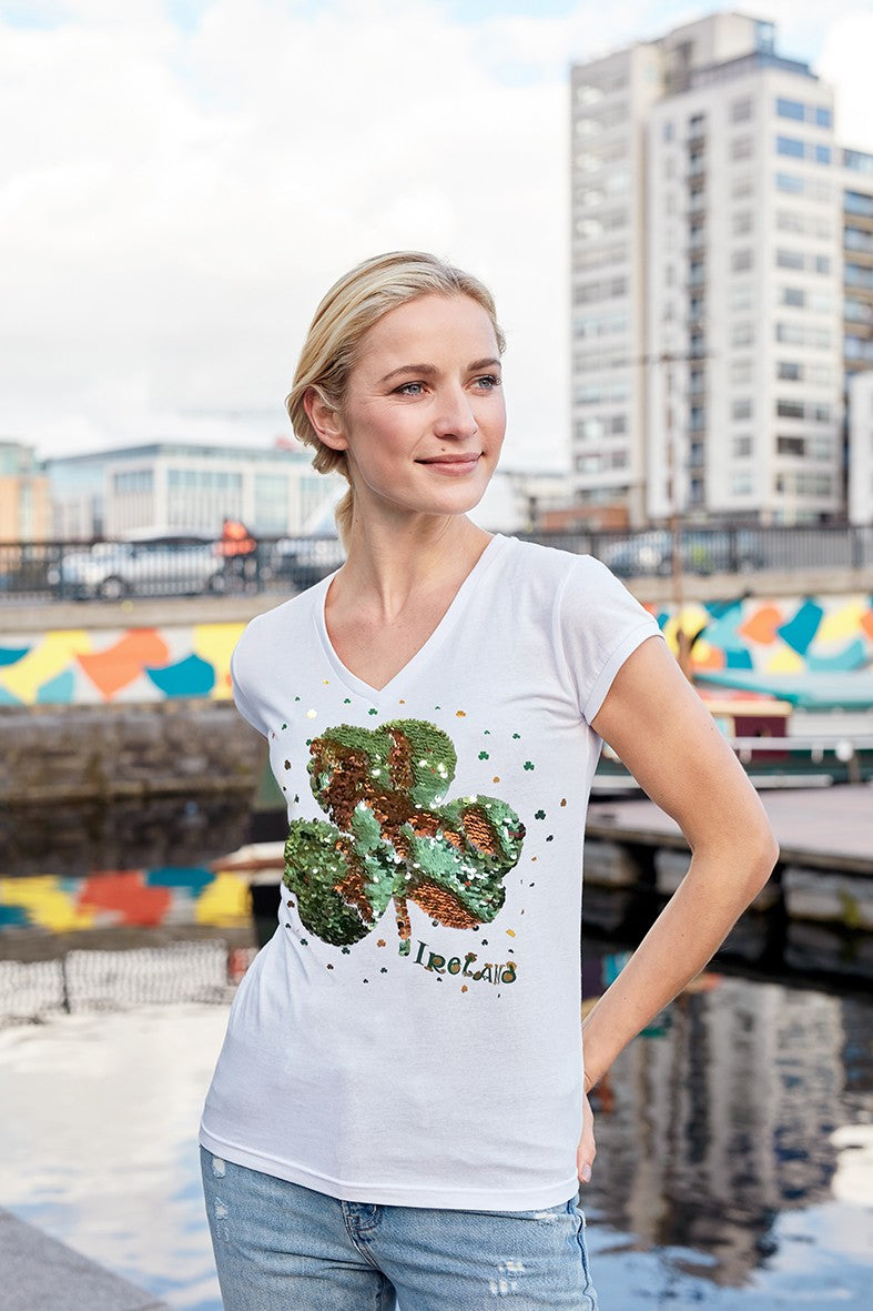 Ladies White 2 Way Sequin Shamrock V-neck T-shirt