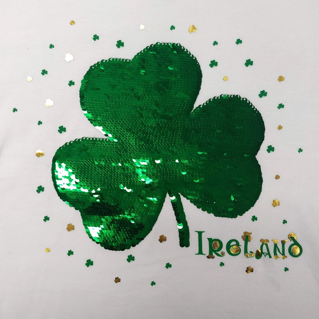 Ladies White 2 Way Sequin Shamrock V-neck T-shirt