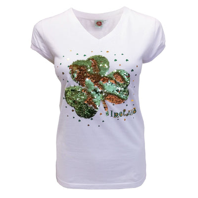 Ladies White 2 Way Sequin Shamrock V-neck T-shirt