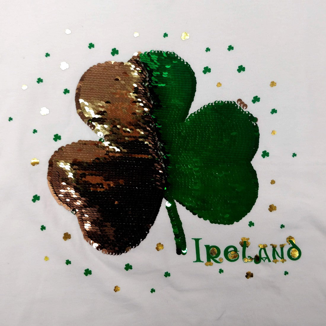 Ladies White 2 Way Sequin Shamrock V-neck T-shirt