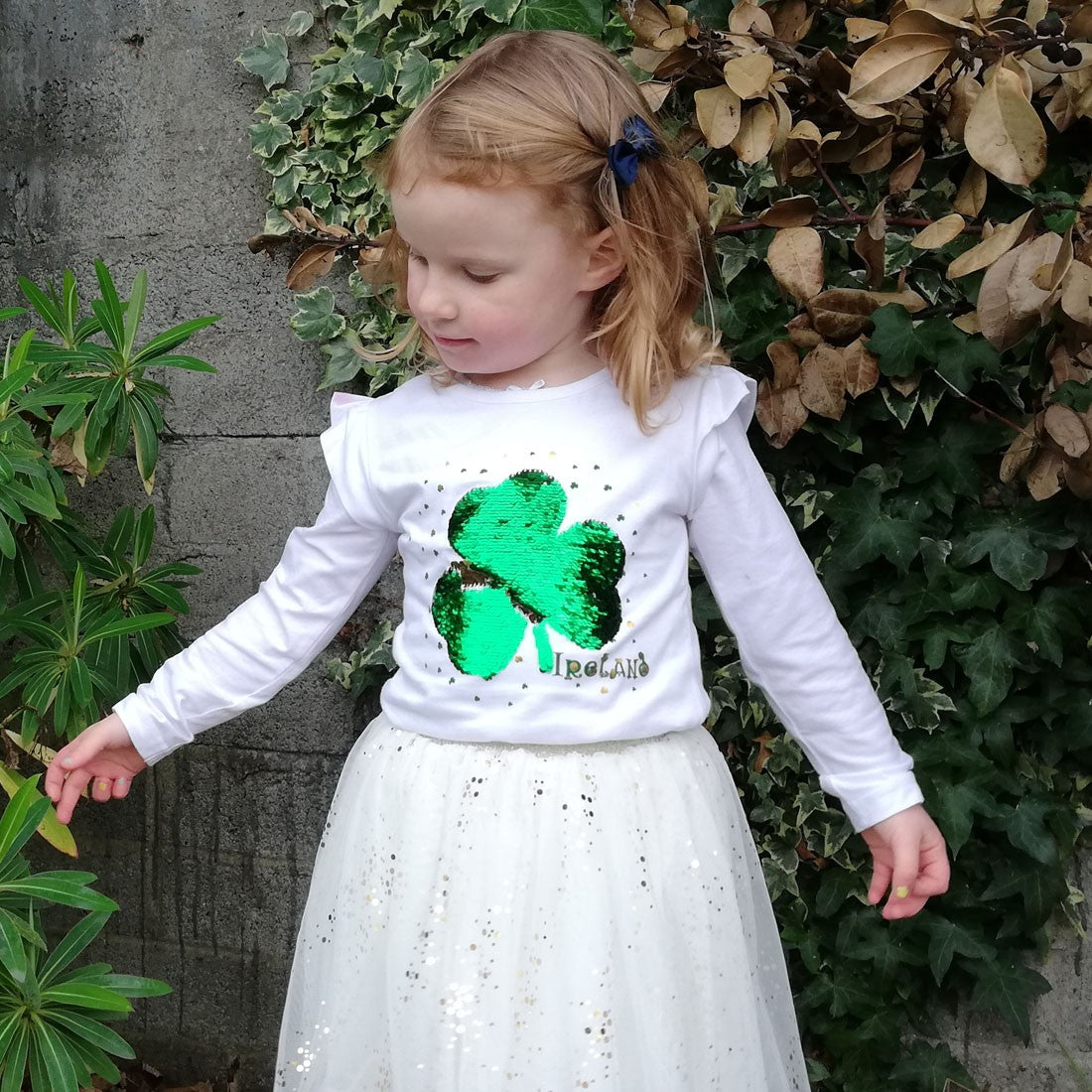 Kids White 2 Way Sequin Shamrock Long Sleeve T-shirt