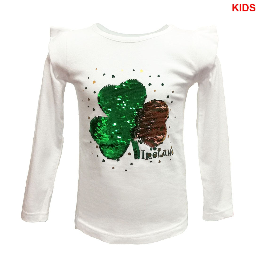 Kids White 2 Way Sequin Shamrock Long Sleeve T-shirt