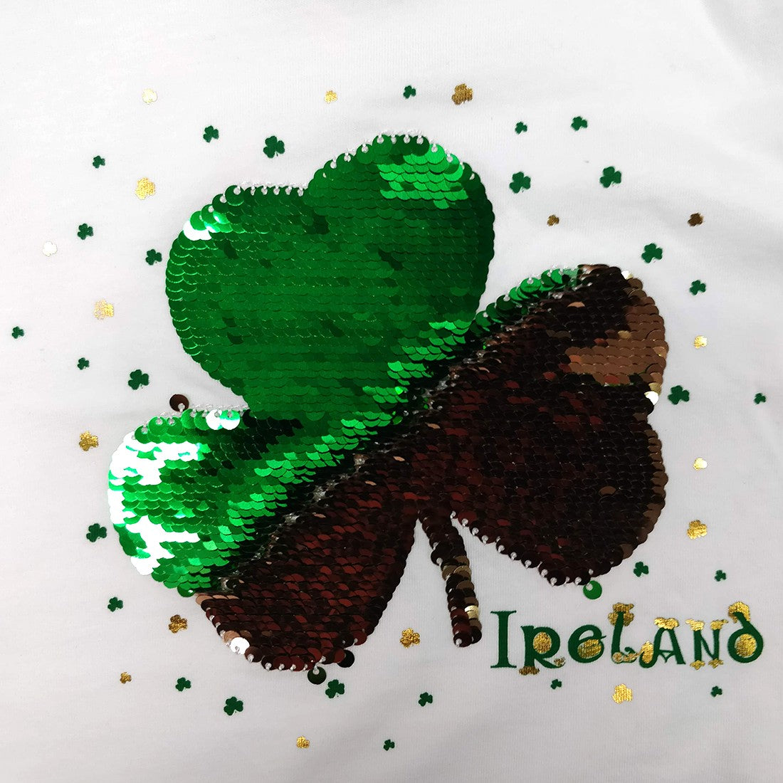Kids White 2 Way Sequin Shamrock Long Sleeve T-shirt