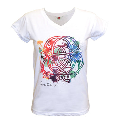 Ladies White Coloured Celtic Knot V-neck T-shirt