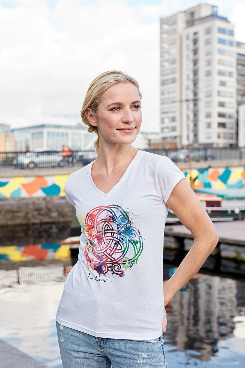 Ladies White Coloured Celtic Knot V-neck T-shirt