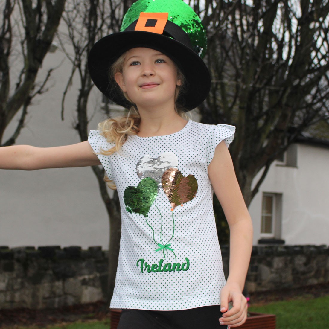 Kids White/ Emerald Green Spotty T-shirt with Sequin Balloons