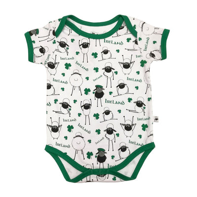 White/ Green Overall Printed Sheep Baby Vest