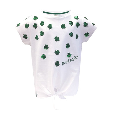 Kids White Ireland Shamrock Sequin Knot T-shirt