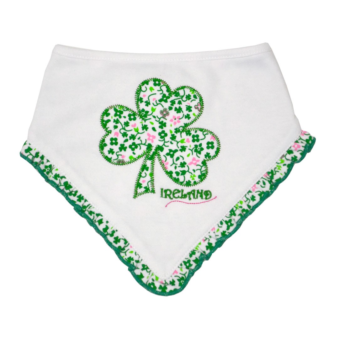 White/ Overall Print Shamrock Applique Bib